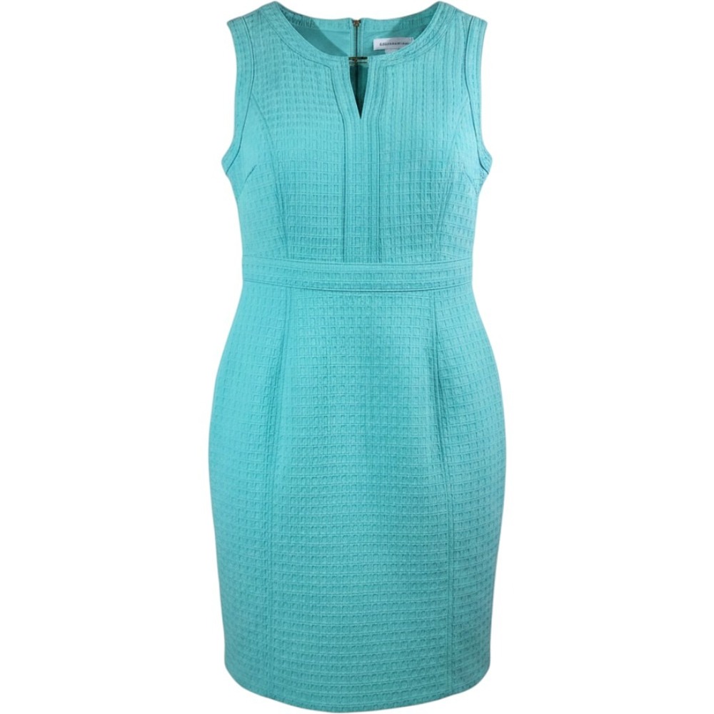 Liz Claiborne Teal Textured Sheath Dress Split Neck Womens Size 12 Casual Office
